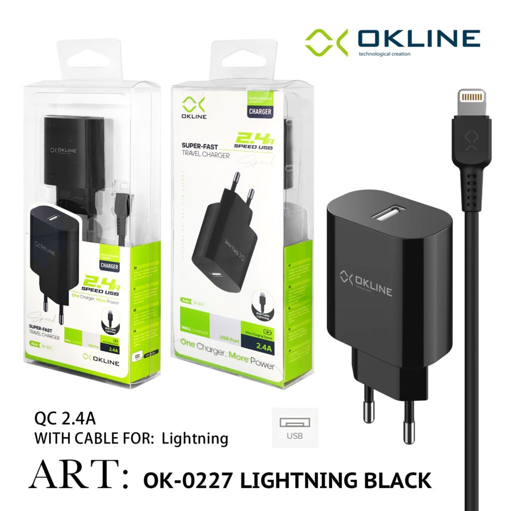 ART.OK-0227IP OKLINE Caricatore da muro USB 2.4A Con Iphone Lightning USB Cavo Nero