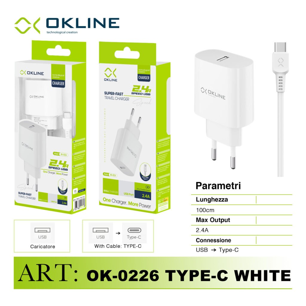 ART.OK-0226TC OKLINE Caricatore da muro USB 2.4A Con Type-C USB Cavo Bianco
