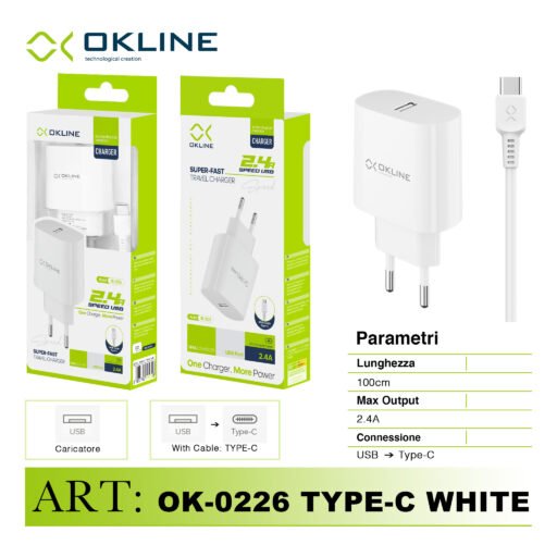 Art.Ok-0226Tc Okline Caricatore Da Muro Usb 2.4A Con Type-C Usb Cavo Bianco