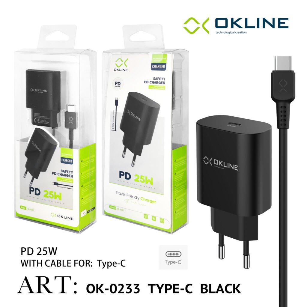ART.OK-0233TC OKLINE Caricatore da muro PD 25W Con Type-C Type-C Cavo Nero