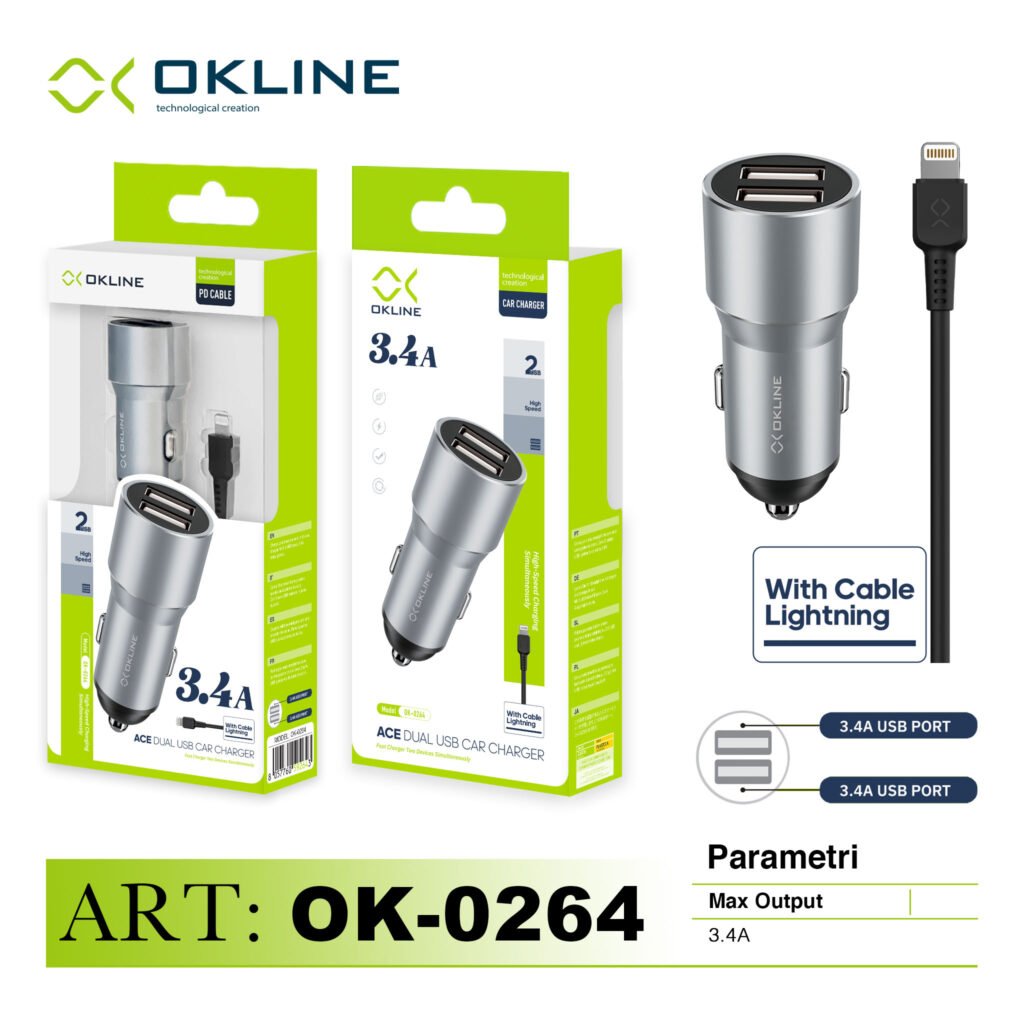 Art.Ok-0263Ip Okline 2Usb Caricatore Auto 3.4A Con Iphone Lightning Usb Cavo Grigio