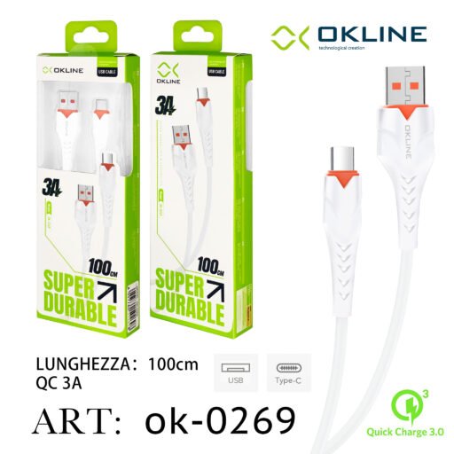Art.Ok-0269 Okline Type-C Usb Cavo 3A 100Cm Bianco