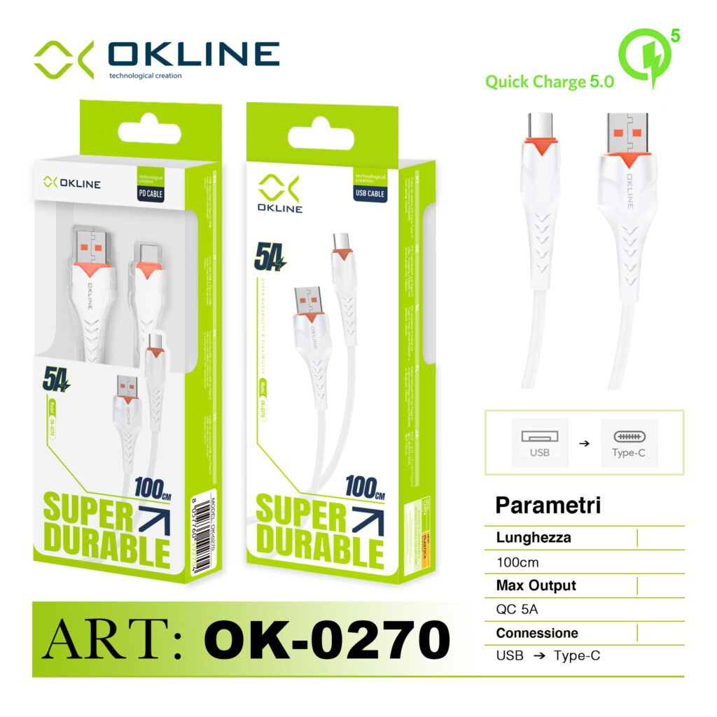 ART.OK-0270 OKLINE Type-C USB Cavo 5A 100cm Bianco
