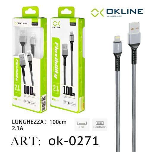 Art.Ok-0271 Okline Iphone Lightning Usb Cavo Intrecciato 2.1A 100Cm Argento