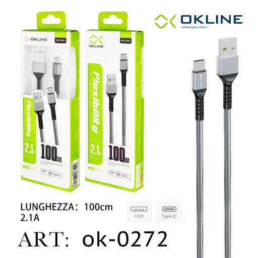 Art.Ok-0272 Okline Type-C Usb Cavo Intrecciato 2.1A 100Cm Argento