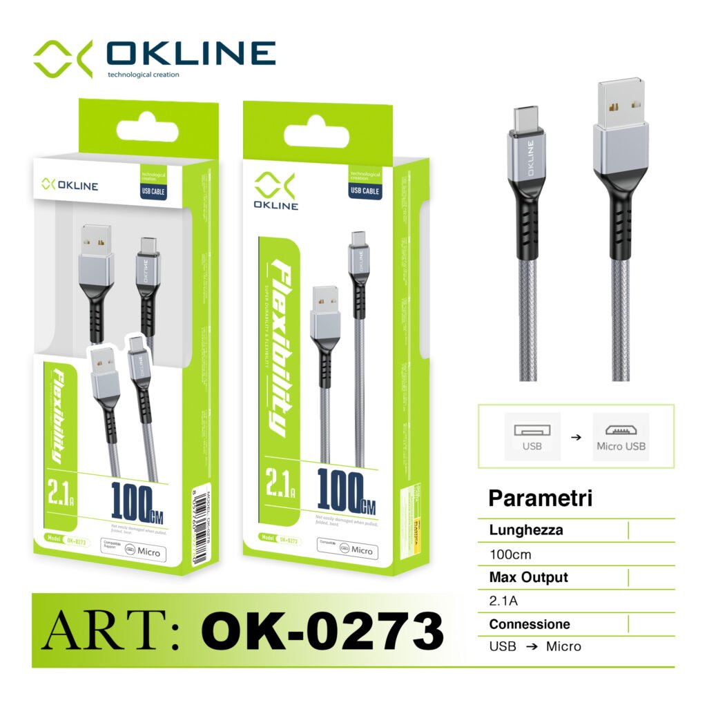 ART.OK-0273 OKLINE Micro USB Cavo intrecciato 2.1A 100cm Argento