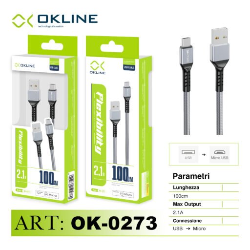 Art.Ok-0273 Okline Micro Usb Cavo Intrecciato 2.1A 100Cm Argento