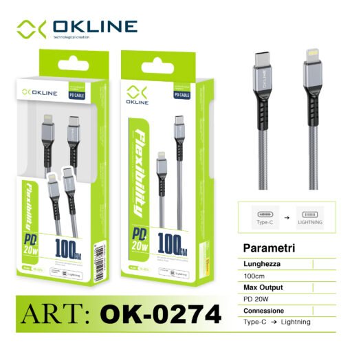 Art.Ok-0274 Okline Type-C Iphone Lightning Cavo Intrecciato Pd 20W 100Cm Argento