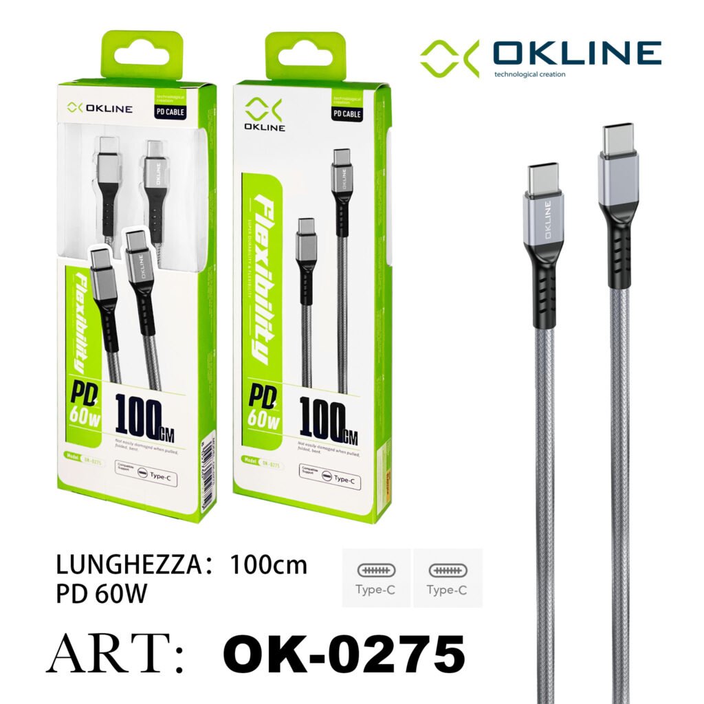 ART.OK-0275 OKLINE Type-C Type-C Cavo intrecciato PD 60W 100cm Argento