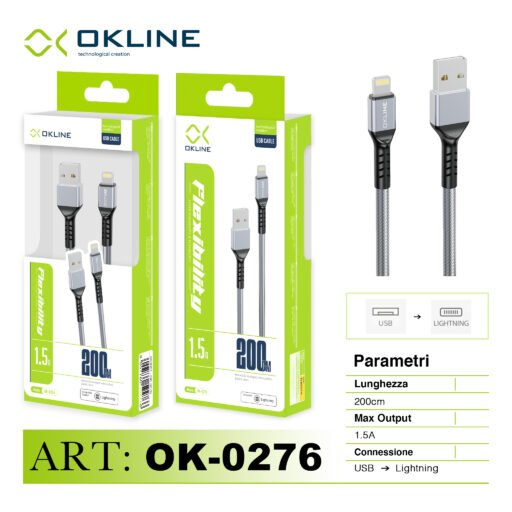 Art.Ok-0276 Okline Iphone Lightning Usb Cavo Intrecciato 1.5A 200Cm Argento