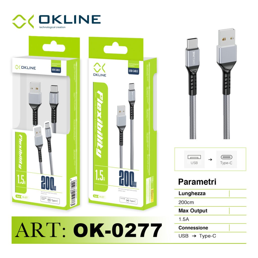 ART.OK-0277 OKLINE Type-C USB Cavo intrecciato 1.5A 200cm Argento
