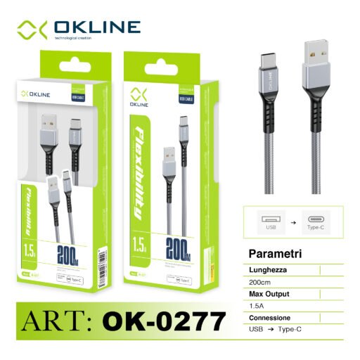 Art.Ok-0277 Okline Type-C Usb Cavo Intrecciato 1.5A 200Cm Argento