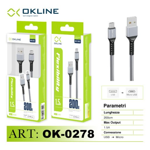 Art.Ok-0278 Okline Micro Usb Cavo Intrecciato 1.5A 200Cm Argento