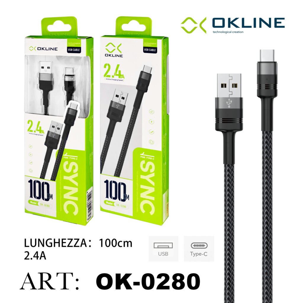 ART.OK-0280 OKLINE Type-C USB Cavo intrecciato 2.4A 100cm Grigio Scuro