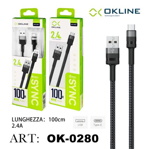 Art.Ok-0280 Okline Type-C Usb Cavo Intrecciato 2.4A 100Cm Grigio Scuro