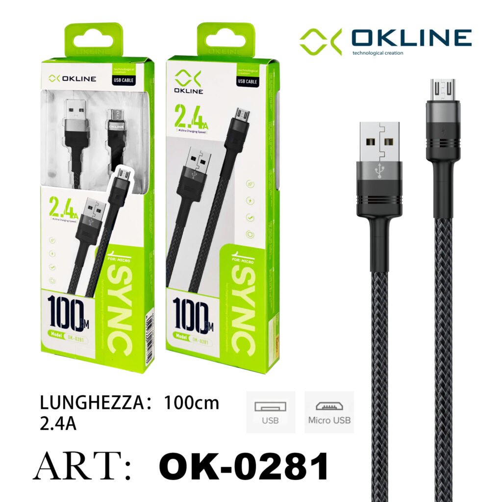 ART.OK-0281 OKLINE Micro USB Cavo intrecciato 2.4A 100cm Grigio Scuro
