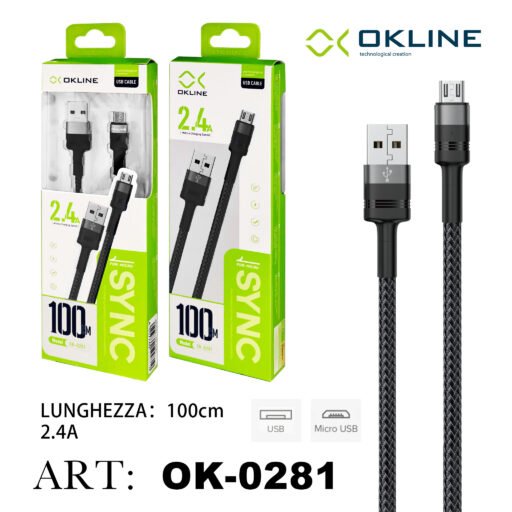Art.Ok-0281 Okline Micro Usb Cavo Intrecciato 2.4A 100Cm Grigio Scuro