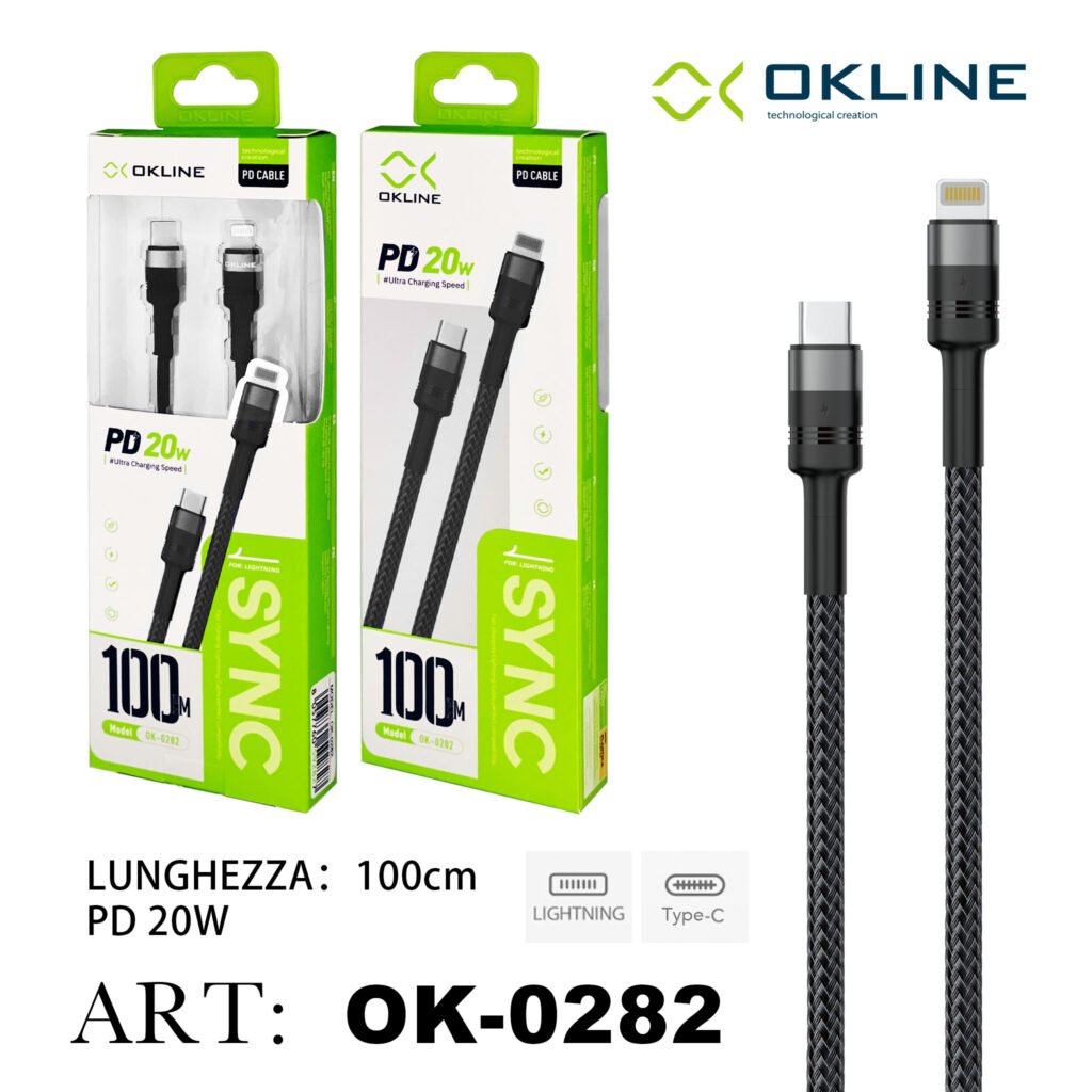 ART.OK-0282 OKLINE Type-C Iphone Lightning Cavo intrecciato 20W100cm Grigio Scuro