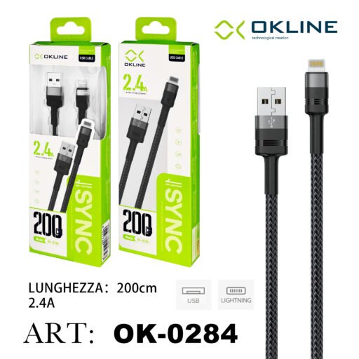 Art.Ok-0284 Okline Iphone Lightning Usb Cavo Intrecciato 2.4A 200Cm Grigio Scuro