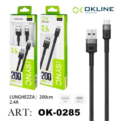 Art.Ok-0285 Okline Type-C Usb Cavo Intrecciato 2.4A 200Cm Grigio Scuro