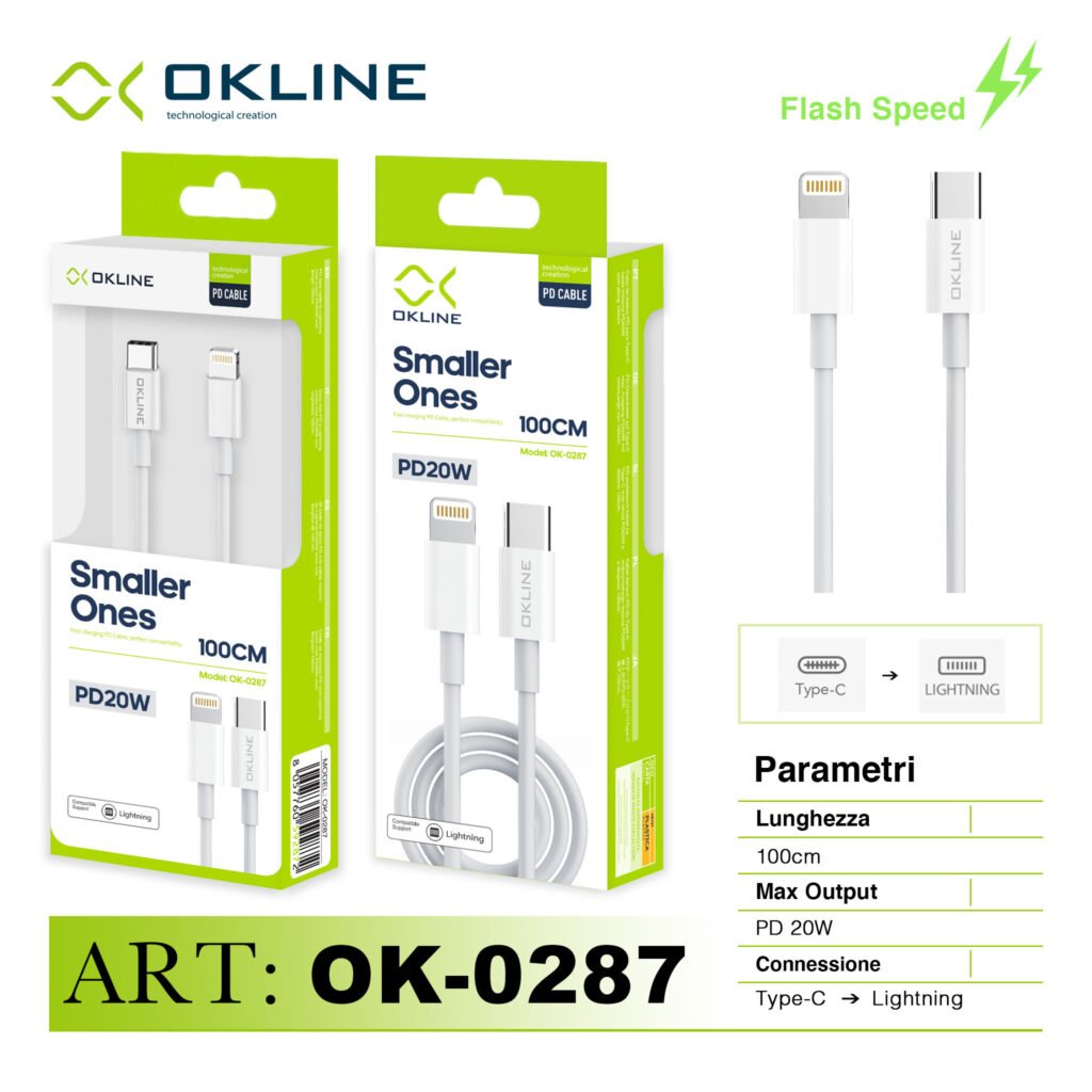 ART.OK-0287 OKLINE Type-C Iphone Lightning Cavo PD 20W 100cm Bianco