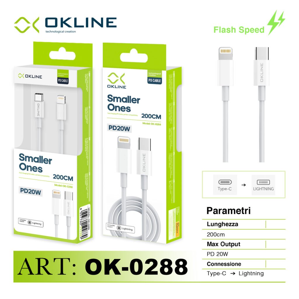 ART.OK-0288 OKLINE Type-C Iphone Lightning Cavo PD 20W 200cm Bianco