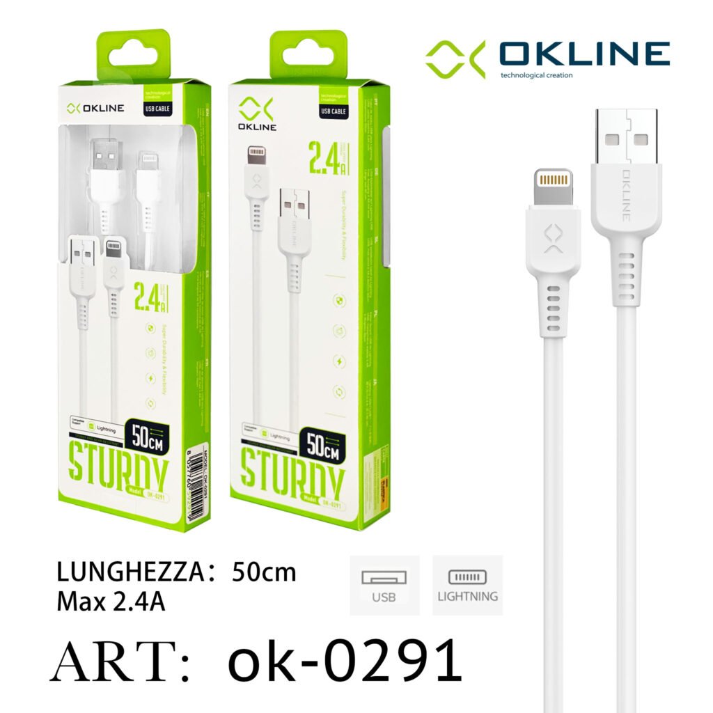 ART.OK-0291 OKLINE Iphone Lightning USB Cavo 2.4A 50cm Bianco