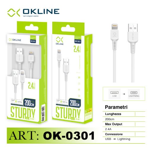 Art.Ok-0301 Okline Iphone Lightning Usb Cavo 2.4A 200Cm Bianco