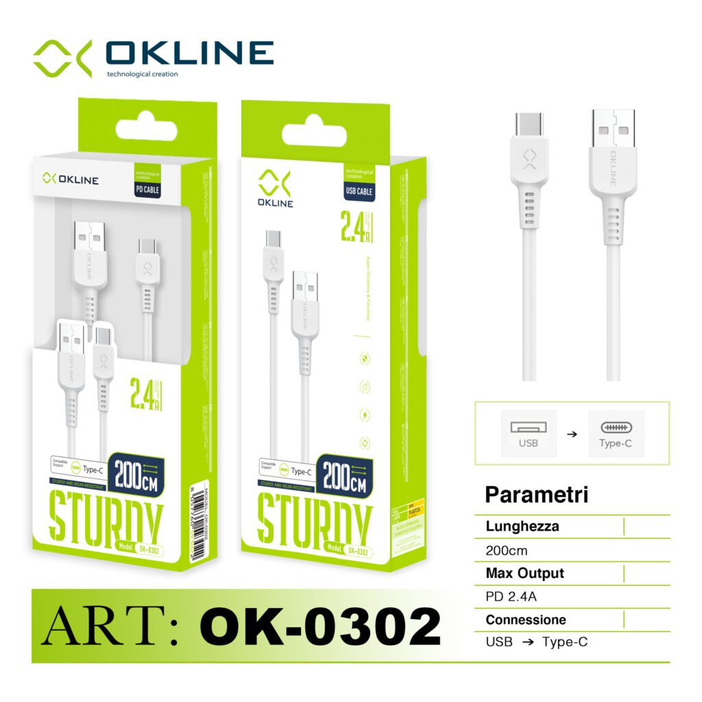 ART.OK-0302 OKLINE Type-C USB Cavo 2.4A 200cm Bianco
