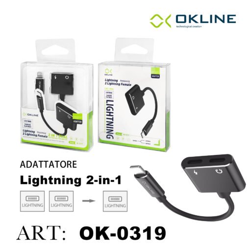 Art.Ok-0319 Okline 2In1 Adattatore Lightning A 2 Lightning F Audio E Ricarica Nero