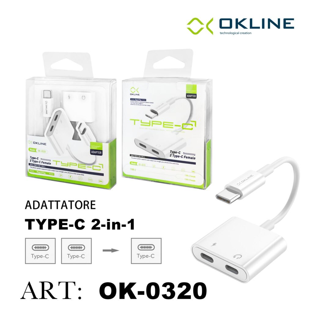 ART.OK-0320 OKLINE 2IN1 ADATTATORE TYPE-C A 2 TYPE-C F AUDIO E RICARICA BIANCO