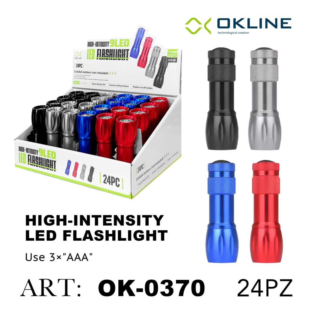 ART.OK-0370 OKLINE 9LED HIGH INTENSITY TORCIA PORTATILE IMPERMEABILE COLORI ASSORTITI