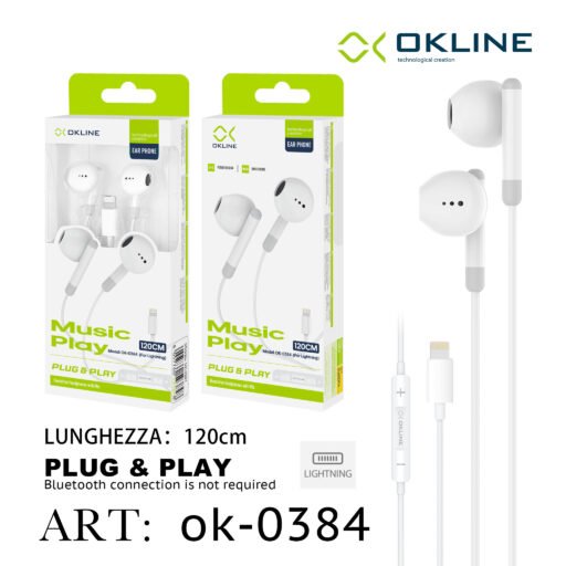 Art.Ok-0384 Okline Auricolare Plug Play A Filo Intrecciato Iphone Lightning Bianco