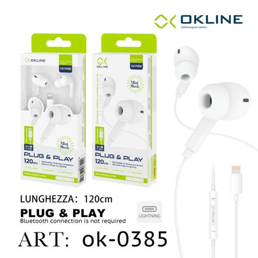 Art.Ok-0385 Okline Mini Sleek Auricolare Plug Play A Filo Intrecciato Iphone Lightning Bianco