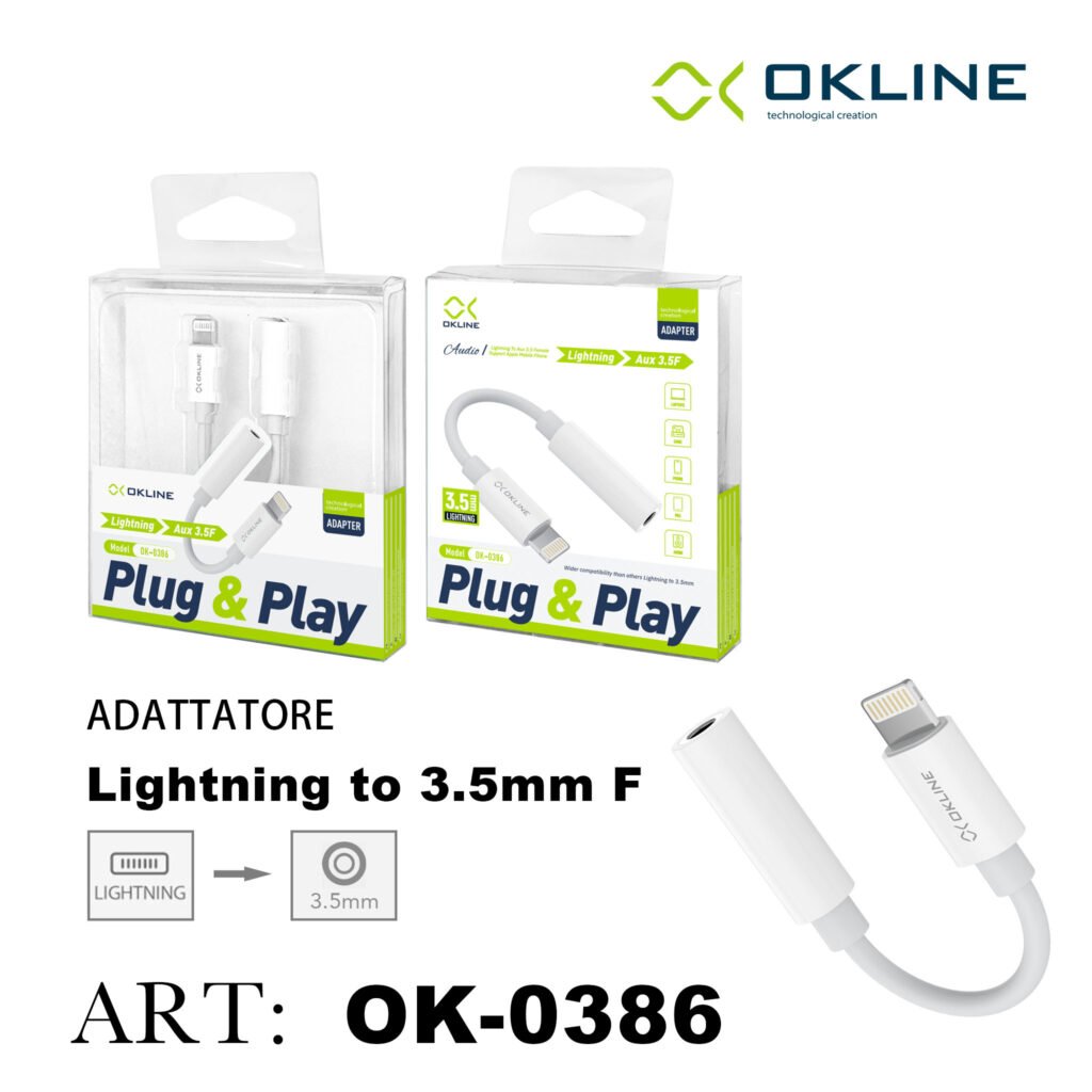 ART.OK-0386 OKLINE ADATTATORE PLUG PLAY DA LIGHTNING A JACK 3.5MM F BIANCO