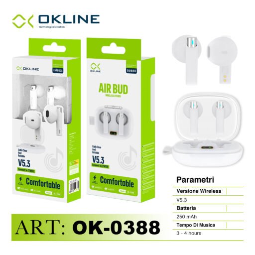 Art.Ok-0388 Okline V5.3 Air Bud Cuffie Wireless Bianco