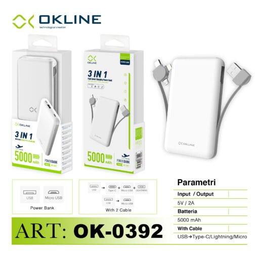Art.Ok-0392 Okline 3In1 Power Bank 5000Mah Bianco Pb39