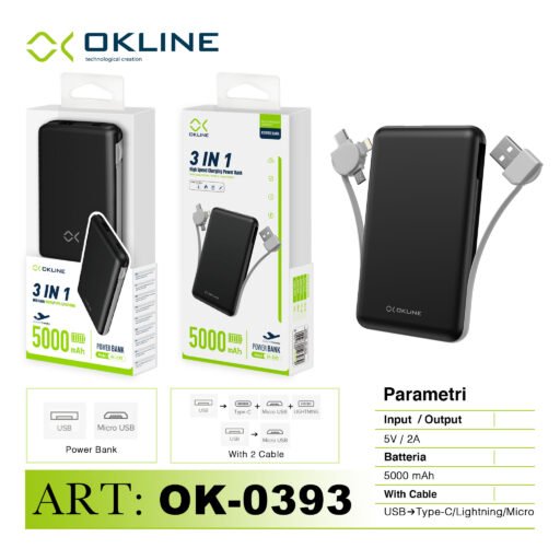 Art.Ok-0393 Okline 3In1 Power Bank 5000Mah Nero Pb39