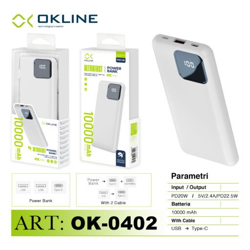 Art.Ok-0402 Okline Bianco Display Led Power Bank 10000Mah