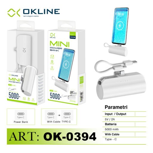 Art.Ok-0394 Okline Mini Power Bank 5000Mah Con Type-C Cavo E Type-C Output Bianco