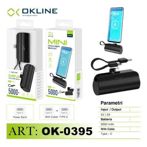 Art.Ok-0395 Okline Mini Power Bank 5000Mah Con Type-C Cavo E Type-C Output Nero