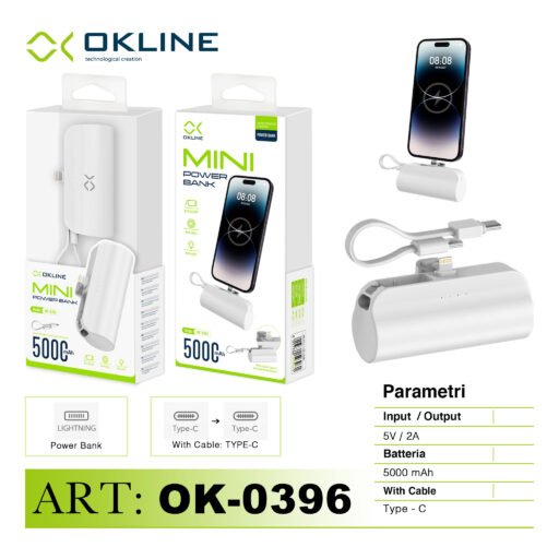 Art.Ok-0396 Okline Mini Power Bank 5000Mah Con Type-C Cavo E Iphone Lightning Output Bianco