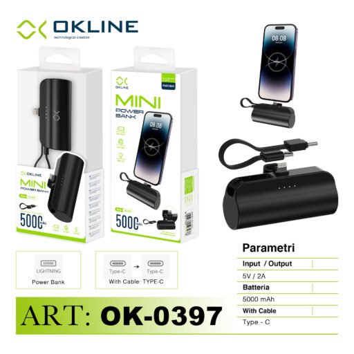 Art.Ok-0397 Okline Mini Power Bank 5000Mah Con Type-C Cavo E Iphone Lightning Output Nero