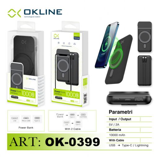 Art.Ok-0399 Okline Black Power Bank Wireless 10000Mah