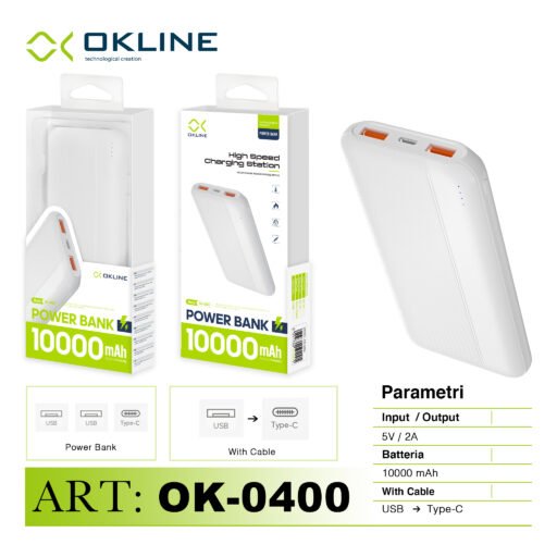 Art.Ok-0400 Okline Con Uscita 2 Usb A Power Bank 10000Mah Bianco