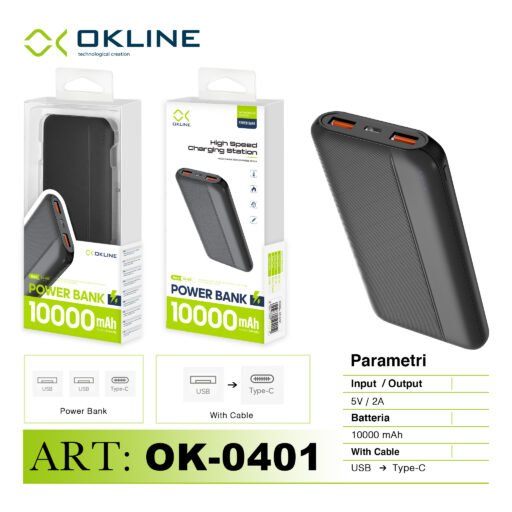 Art.Ok-0401 Okline Con Uscita 2 Usb A Power Bank 10000Mah Nero