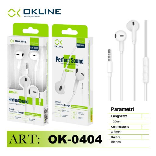 Art.Ok-0404 Okline Perfect Sound Auricolare A Filo 3.5Mm Bianco