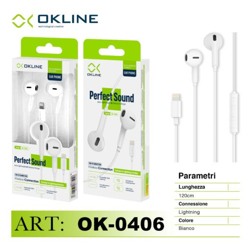Art.Ok-0406 Okline Perfect Sound Auricolare A Filo Iphone Lightning Bianco