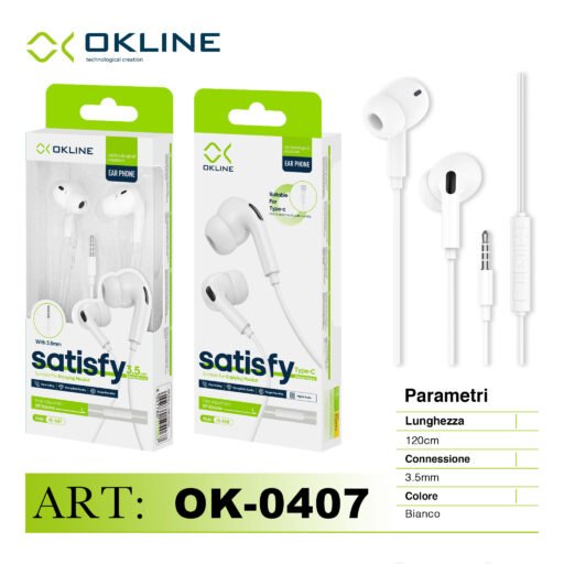 Art.Ok-0407 Okline Satisfy Stereo Auricolare A Filo 3.5Mm Bianco