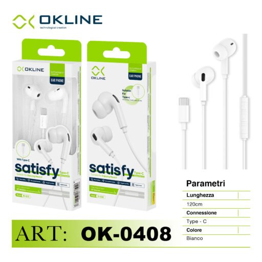 Art.Ok-0408 Okline Satisfy Stereo Auricolare A Filo Type-C Bianco